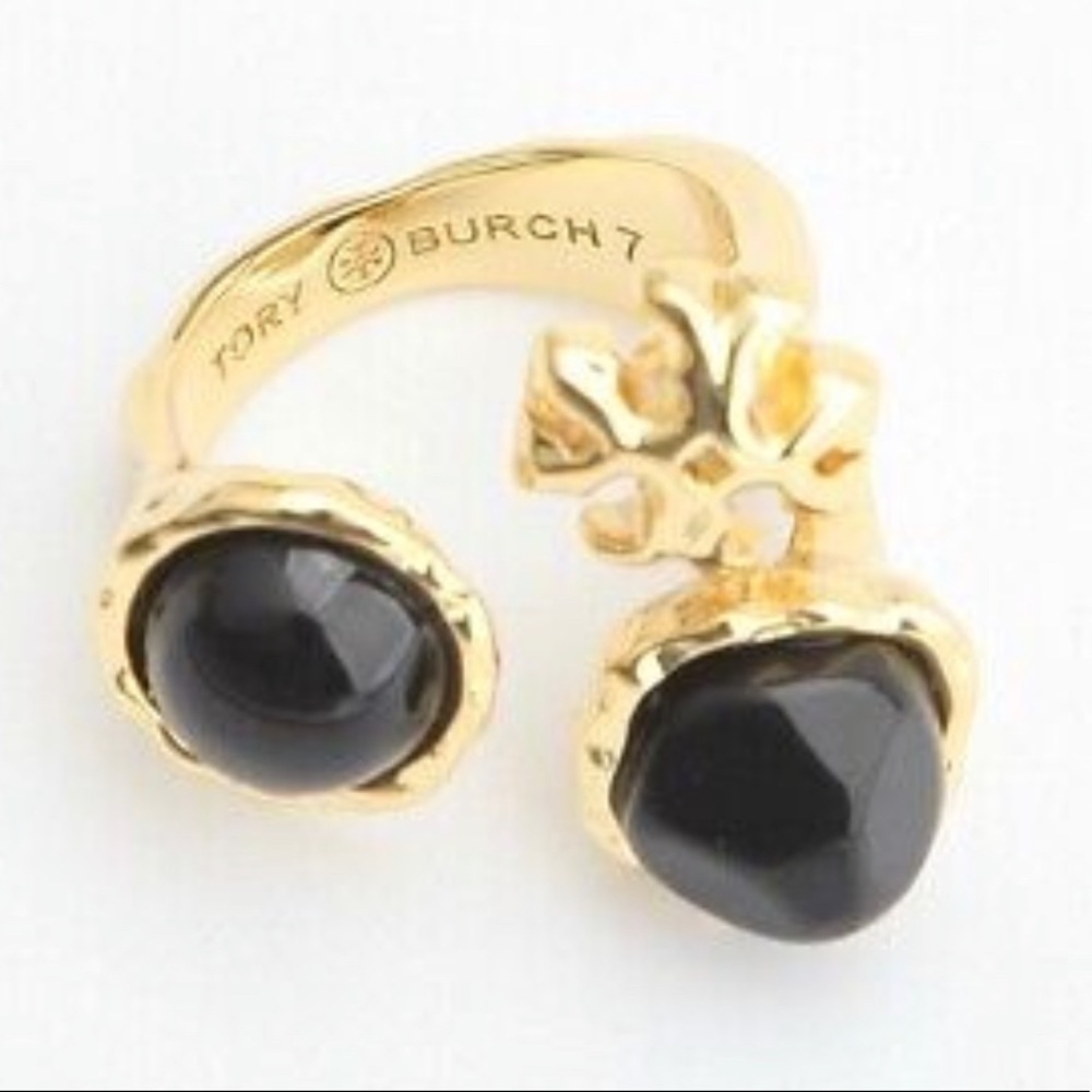🔥🔥Tory Burch Authentic Roxanne Semiprecious Statement Ring Black And Gold Size 7 - Picture 12 of 16